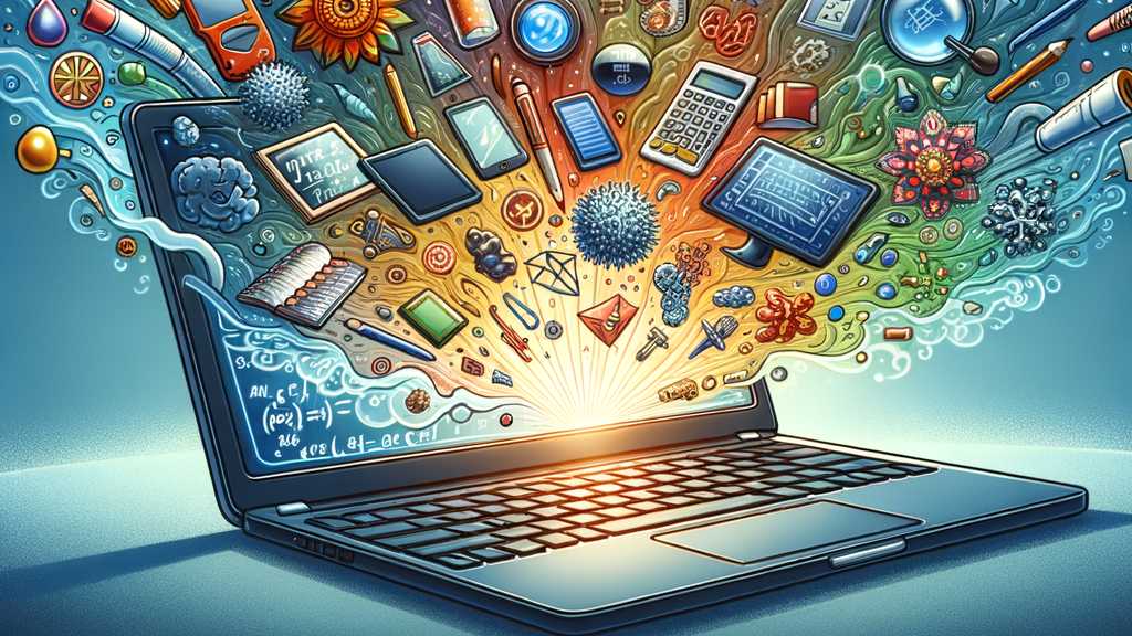 Depict Generative AI in Education in a illustration style cartoonish way. Maybe like a laptop with all study materials coming out of it