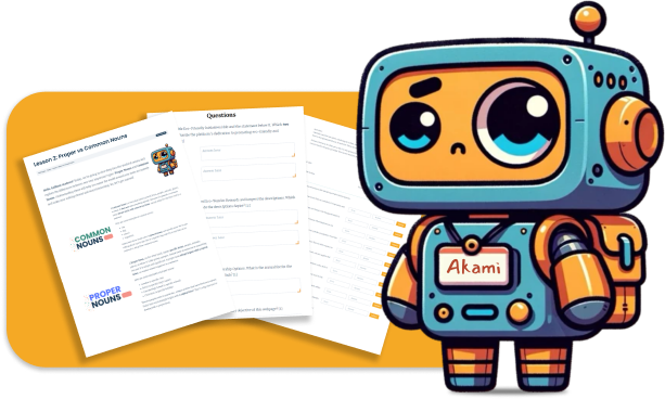 n illustrated robot named Akami with a friendly face, standing in front of educational materials related to a grammar lesson on 'Common Nouns' and 'Proper Nouns.