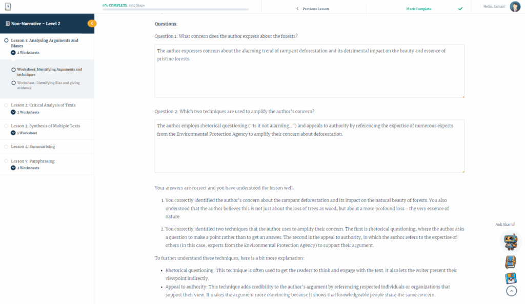 A snapshot of Akademi's Ai Adaptive Assessment showing its ability to give a detailed feedback and a showing the ai chatbot at the side