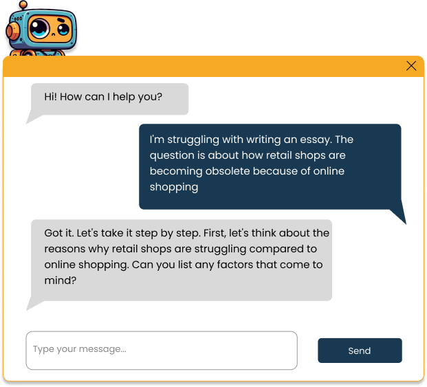 Illustration of a cute, cartoon-style robot named 'Akami' within its AI Chatbot interface. The robot has a large head, big eyes, and is colored in shades of blue and orange. The chatbot interface shows a conversation bubble where someone is asking for assistance and 'Akami' is responding with an offer to help.